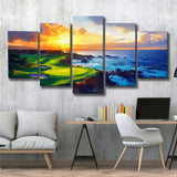 Painting Pebble Beach Golf Links Aerial Hole 7 In Sunset V1, Golf Art Print, Mixed 5 Panel, Canvas Prints Wall Art