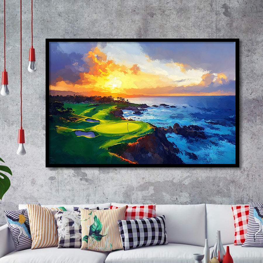 Painting Pebble Beach Golf Links Aerial Hole 7 In Sunset V1, Golf Art, Gift for him, Framed Art Prints Wall Decor