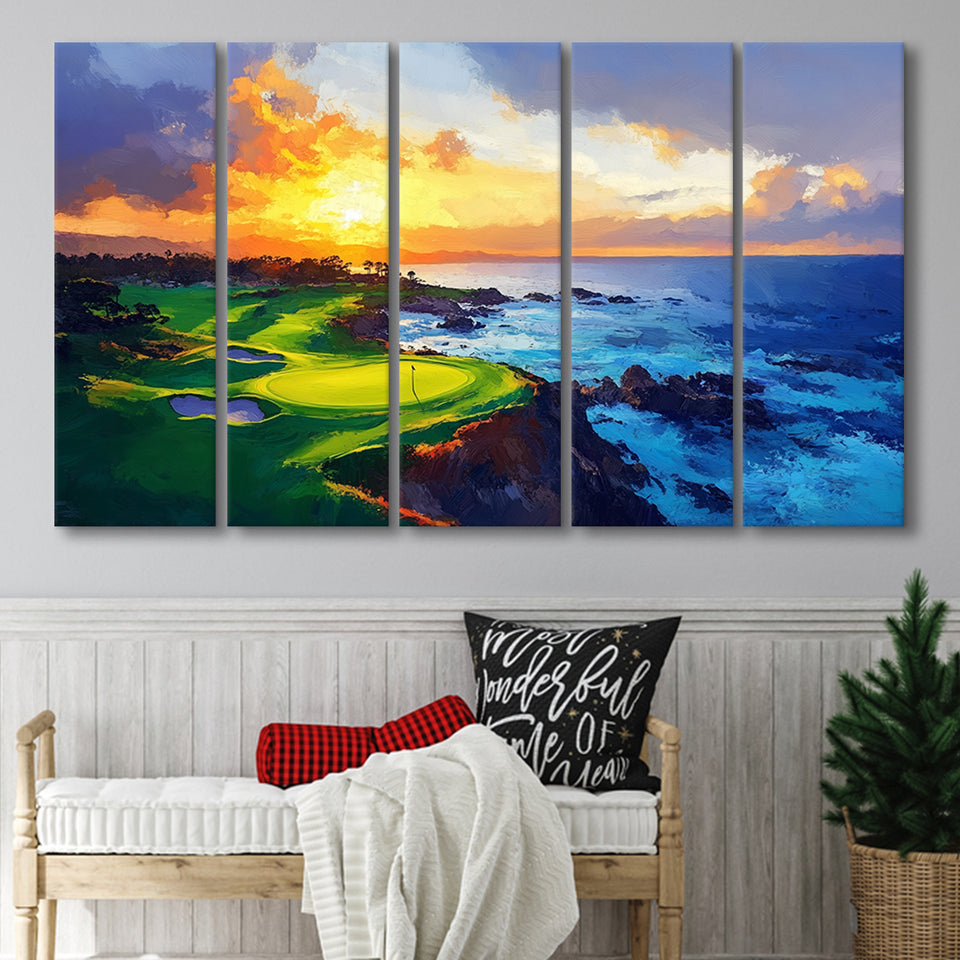Painting Pebble Beach Golf Links Aerial Hole 7 In Sunset V1, Golf Art Print, Extra Large 5 Panel, Canvas Prints