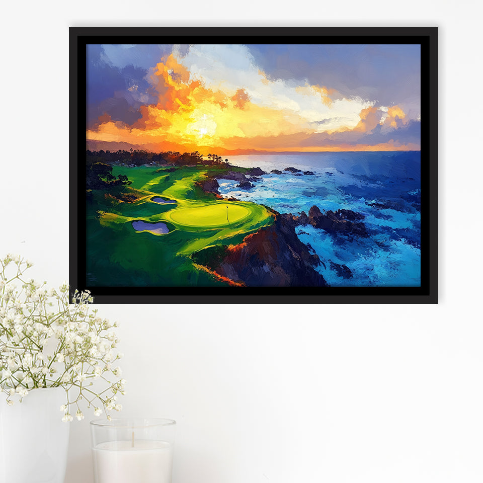 Painting Pebble Beach Golf Links Hole 7 In Sunset, Golf Art Print, Gift for him, Framed Canvas Prints Wall Art