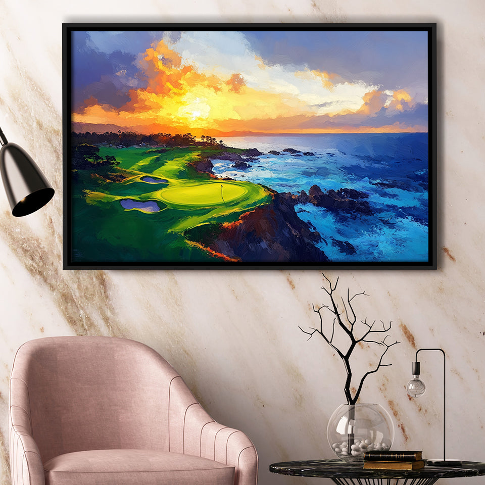 Painting Pebble Beach Golf Links Hole 7 In Sunset, Golf Art Print, Gift for him, Framed Canvas Prints Wall Art
