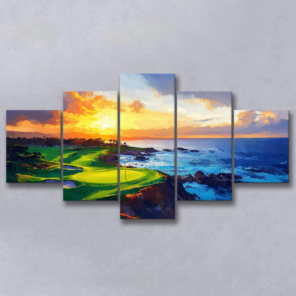 Painting Pebble Beach Golf Links Aerial Hole 7 In Sunset V1, Golf Art Print, Mixed 5 Panel, Canvas Prints Wall Art