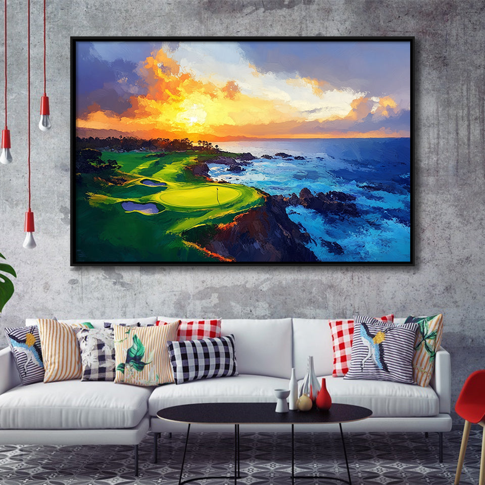 Painting Pebble Beach Golf Links Hole 7 In Sunset, Golf Art Print, Gift for him, Framed Canvas Prints Wall Art