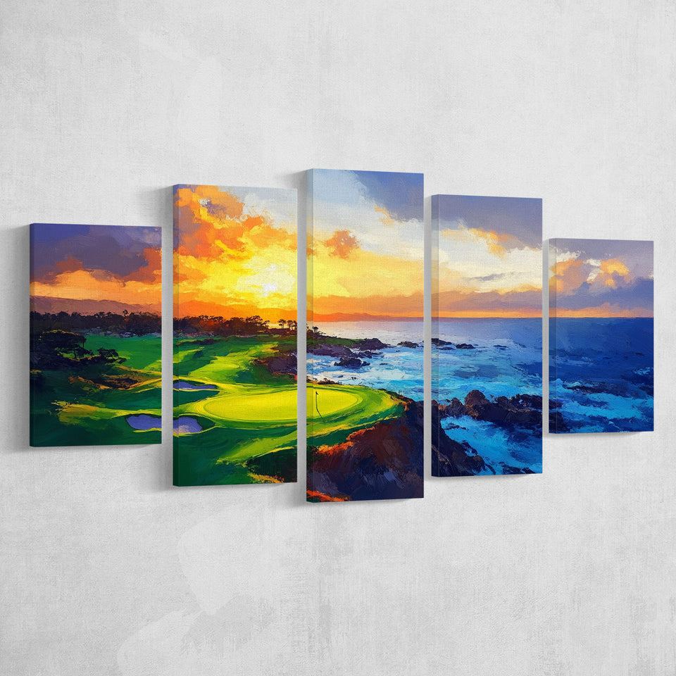 Painting Pebble Beach Golf Links Aerial Hole 7 In Sunset V1, Golf Art Print, Mixed 5 Panel, Canvas Prints Wall Art