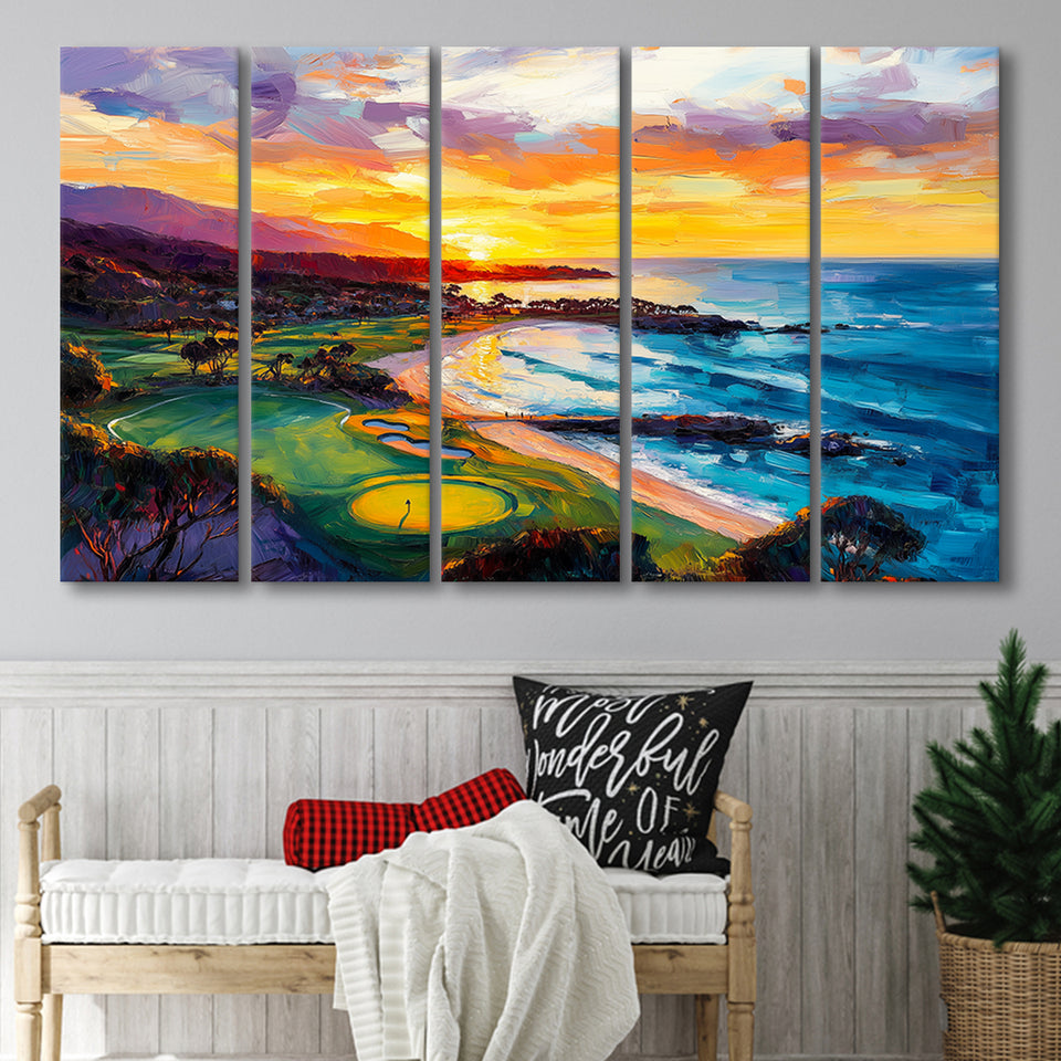 Painting Pebble Beach Golf Links Aerial In Sunset V2, Golf Art Print, Extra Large 5 Panel, Canvas Prints Wall Art