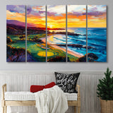 Painting Pebble Beach Golf Links Aerial In Sunset V2, Golf Art Print, Extra Large 5 Panel, Canvas Prints Wall Art