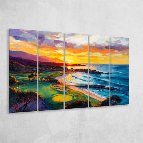 Painting Pebble Beach Golf Links Aerial In Sunset V2, Golf Art Print, Extra Large 5 Panel, Canvas Prints Wall Art