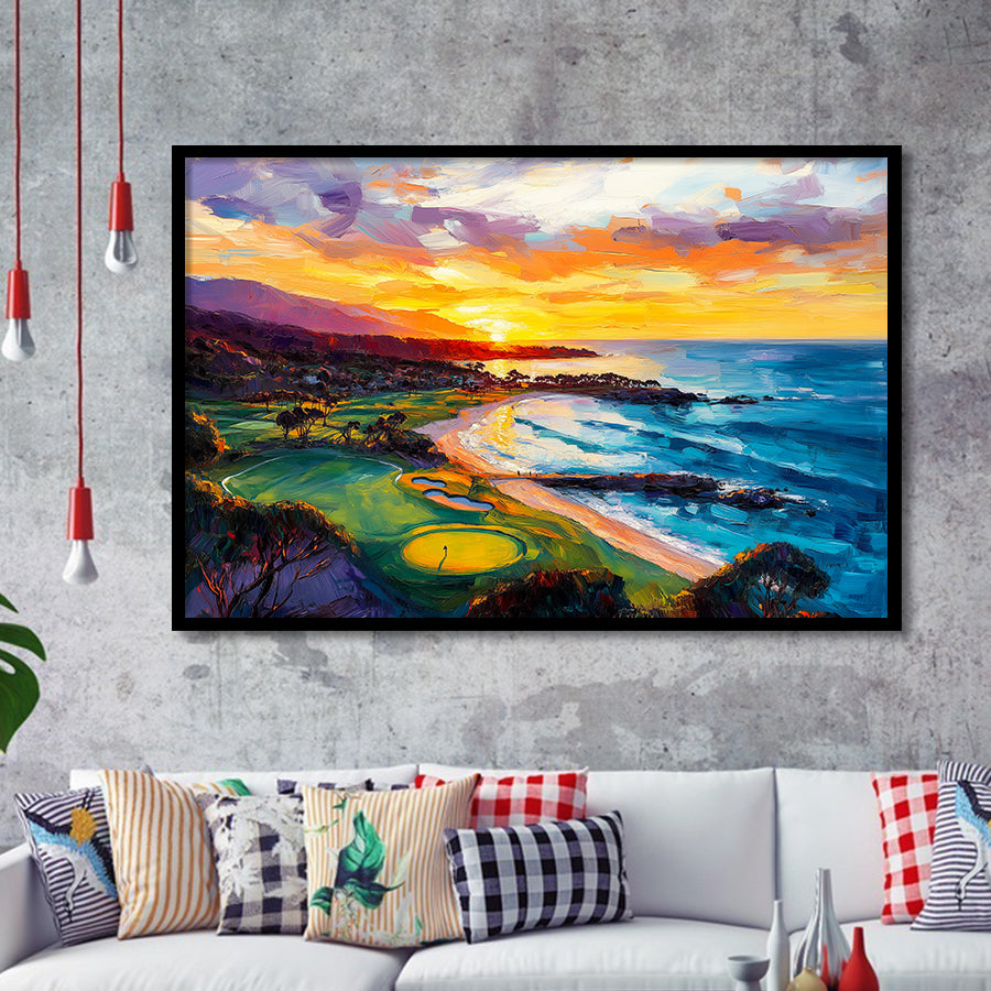 Painting Pebble Beach Golf Links Aerial In Sunset V2, Golf Art, Gift for him, Framed Art Prints Wall Decor