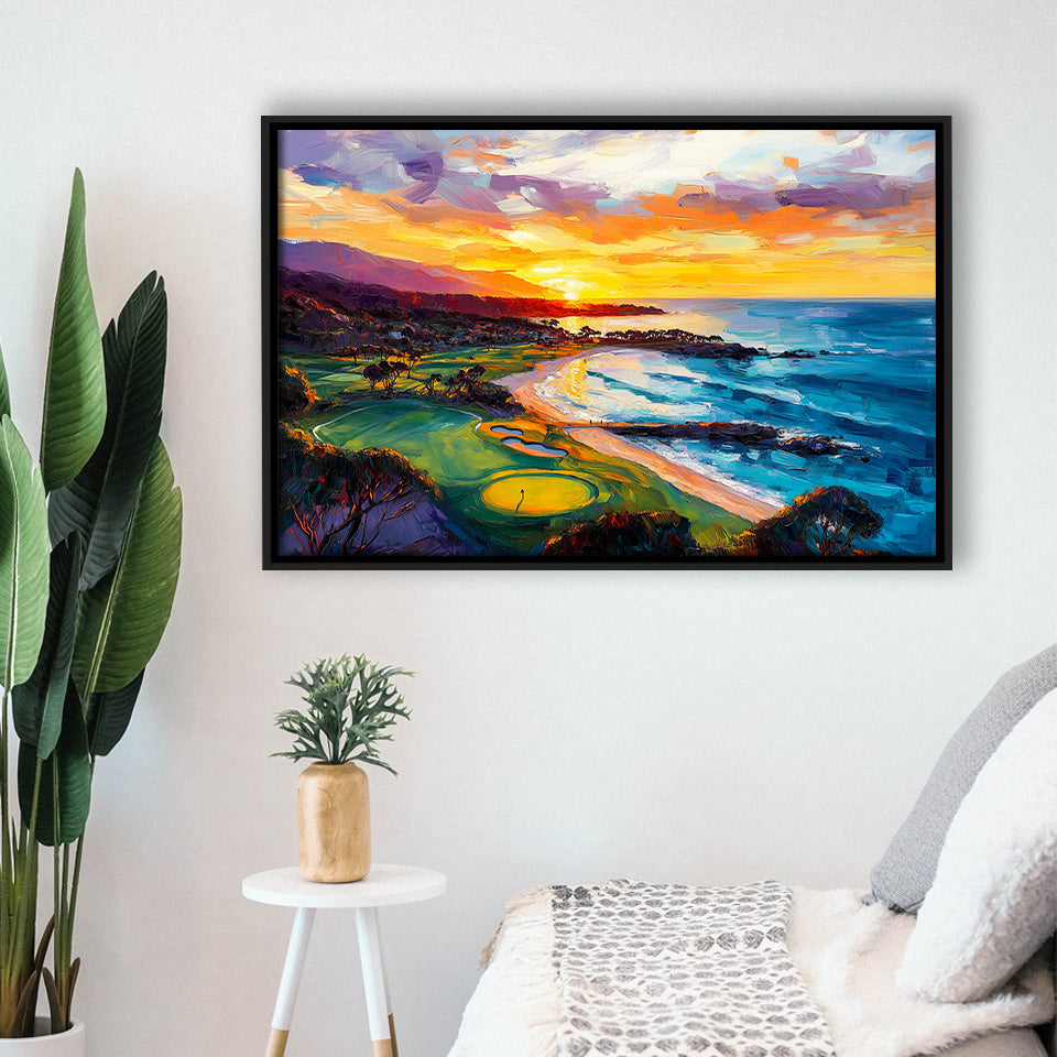 Painting Pebble Beach Golf Links Aerial In Sunset V2, Golf Art Print, Gift for him, Framed Canvas Prints Wall Art