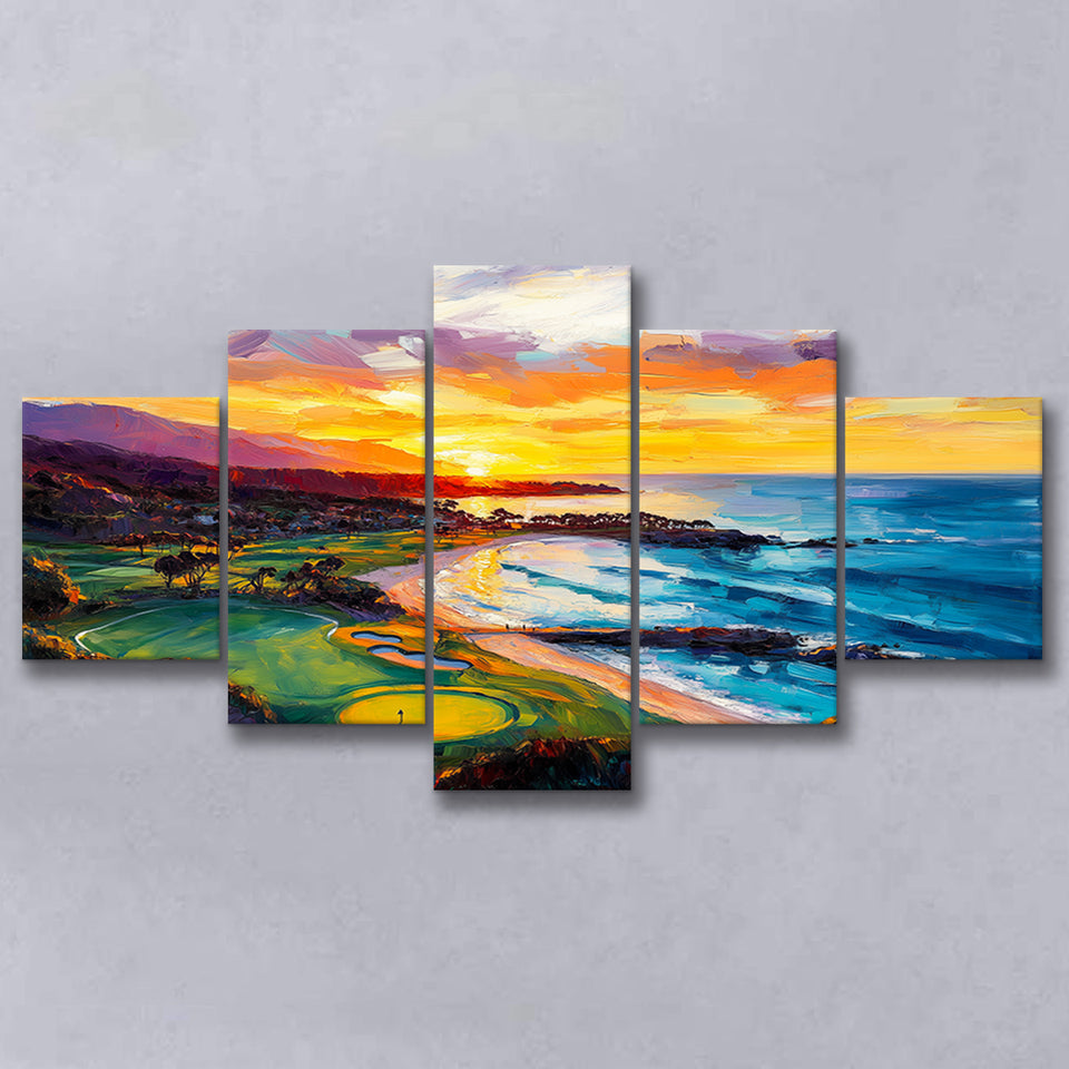 Painting Pebble Beach Golf Links Aerial In Sunset V2, Golf Art Print, Mixed 5 Panel, Canvas Prints Wall Art