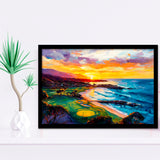 Painting Pebble Beach Golf Links Aerial In Sunset V2, Golf Art, Gift for him, Framed Art Prints Wall Decor