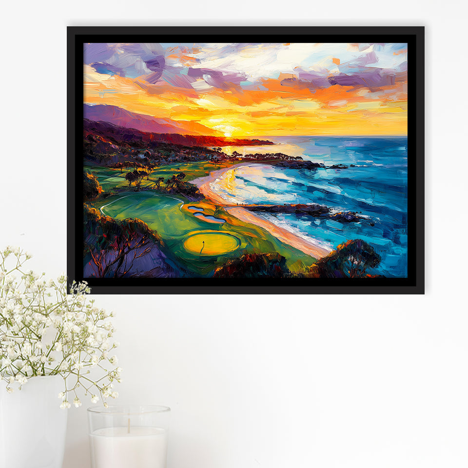 Painting Pebble Beach Golf Links Aerial In Sunset V2, Golf Art Print, Gift for him, Framed Canvas Prints Wall Art