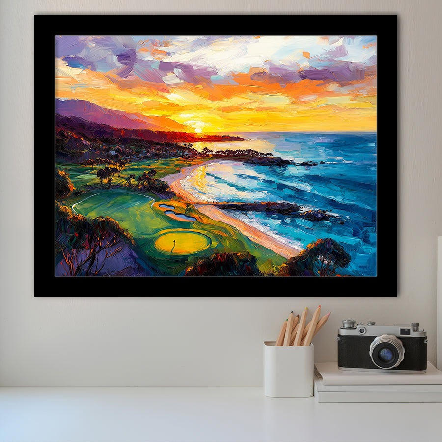 Painting Pebble Beach Golf Links Aerial In Sunset V2, Golf Art, Gift for him, Framed Art Prints Wall Decor