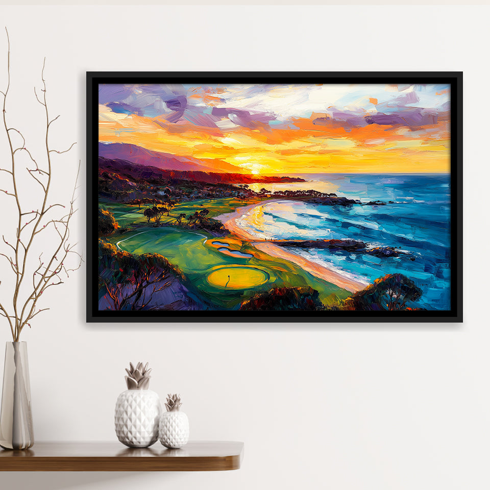 Painting Pebble Beach Golf Links Aerial In Sunset V2, Golf Art Print, Gift for him, Framed Canvas Prints Wall Art