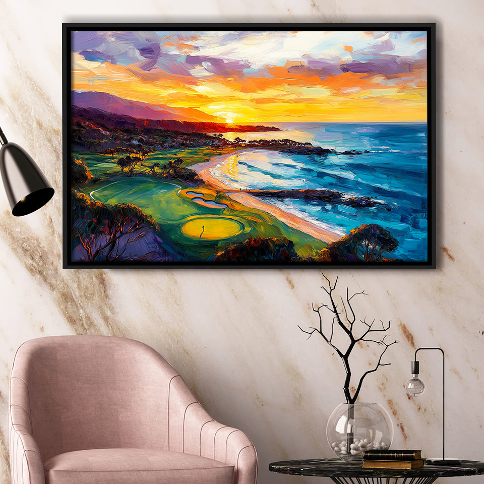 Painting Pebble Beach Golf Links Aerial In Sunset V2, Golf Art Print, Gift for him, Framed Canvas Prints Wall Art