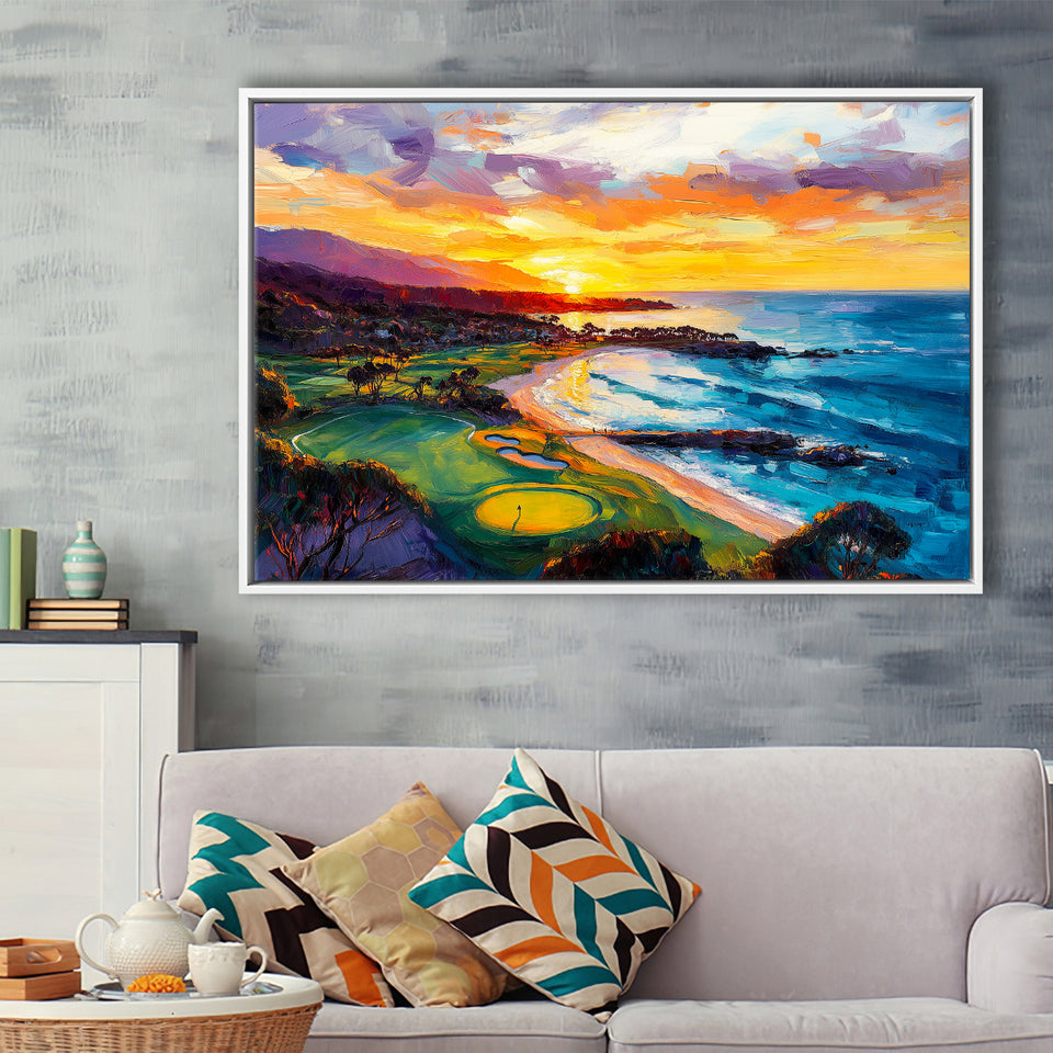 Painting Pebble Beach Golf Links Aerial In Sunset V2, Golf Art Print, Gift for him, Framed Canvas Prints Wall Art