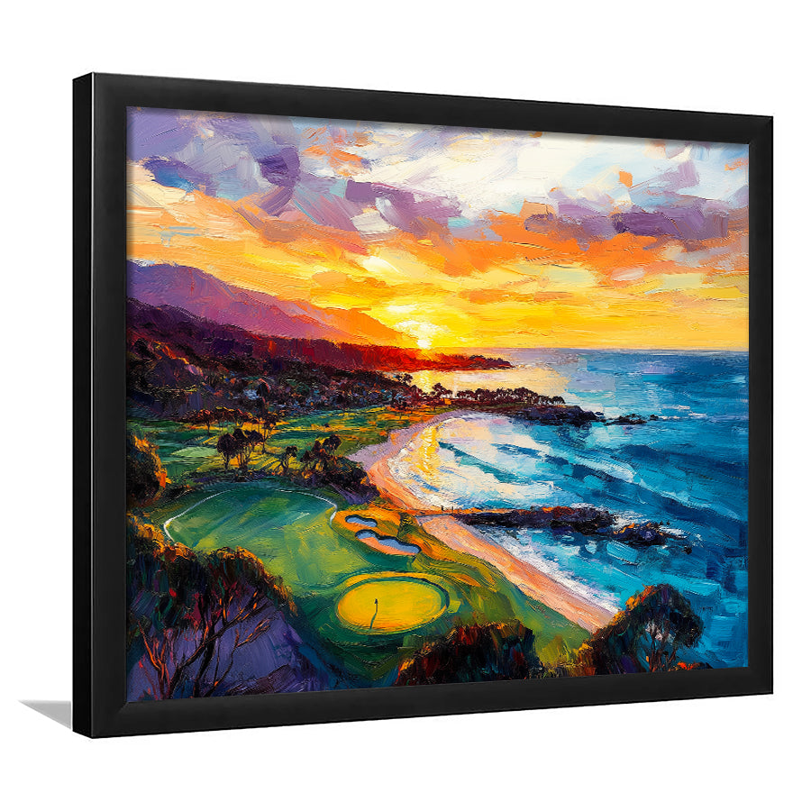 Painting Pebble Beach Golf Links Aerial In Sunset V2, Golf Art, Gift for him, Framed Art Prints Wall Decor