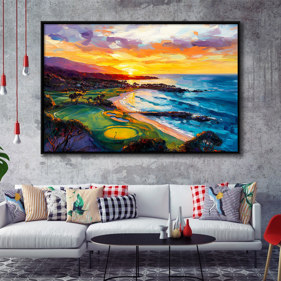Painting Pebble Beach Golf Links Aerial In Sunset V2, Golf Art Print, Gift for him, Framed Canvas Prints Wall Art