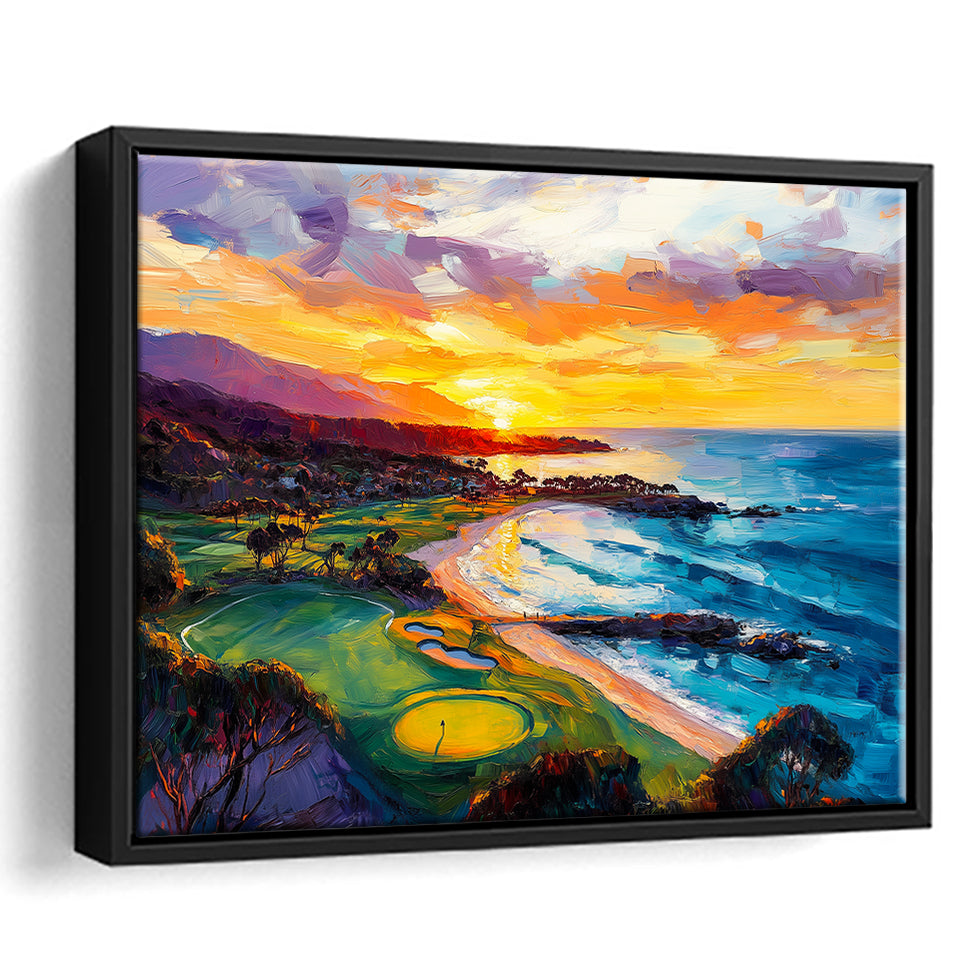 Painting Pebble Beach Golf Links Aerial In Sunset V2, Golf Art Print, Gift for him, Framed Canvas Prints Wall Art