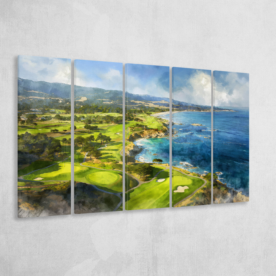 Painting Pebble Beach Golf Links Aerial Watercolor, Mixed 5 Panel B Canvas Print Wall Art Decor, Extra Large Painting Canvas
