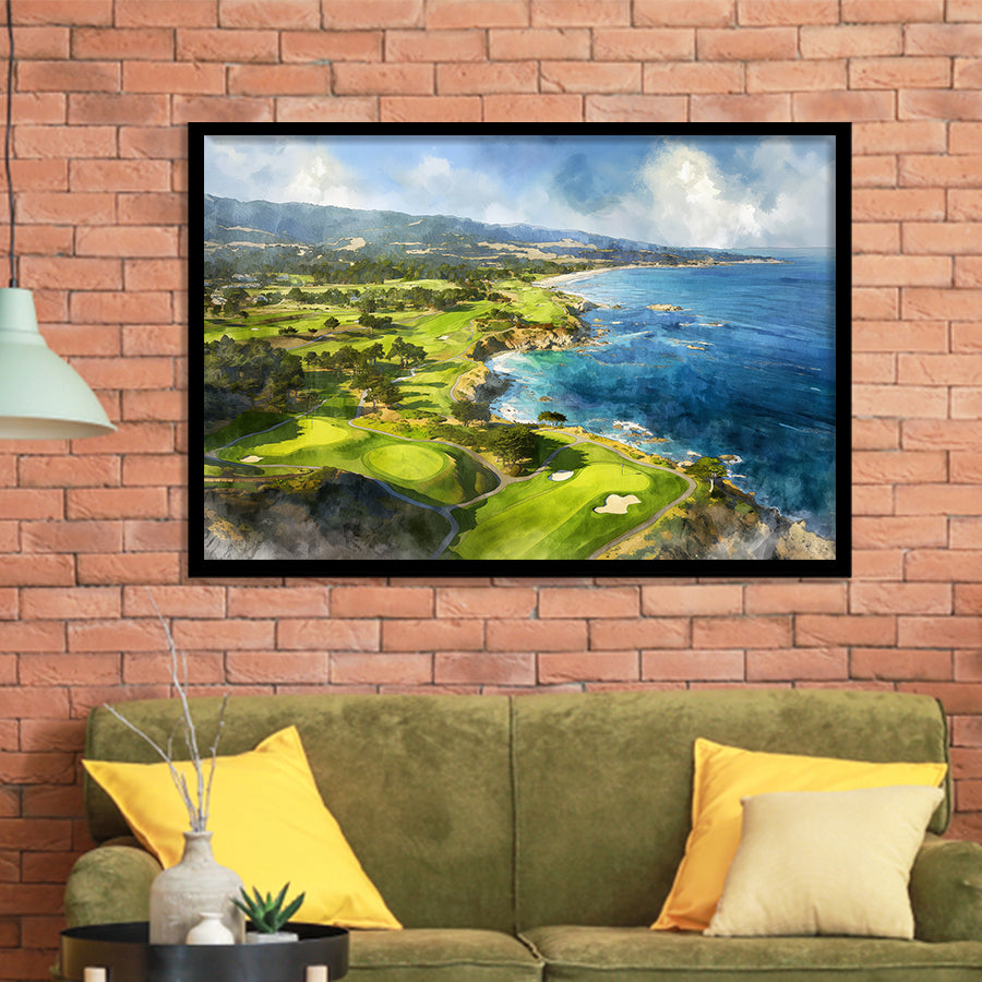 Painting Pebble Beach Golf Links Aerial Watercolor, Framed Art Print Wall Decor, Picture Framed Painting Art