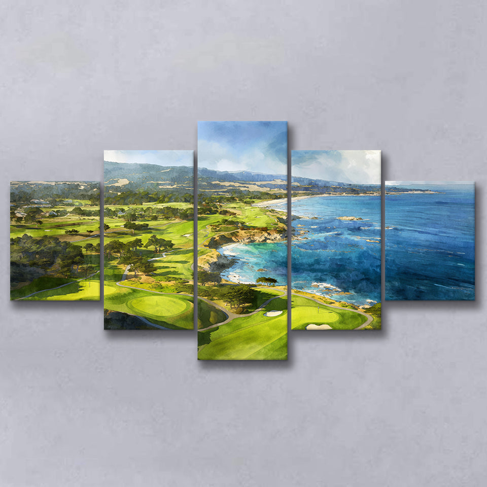 Painting Pebble Beach Golf Links Aerial Watercolor, Mixed 5 Panel Canvas Print Wall Art Home Decor, Large Canvas Painting