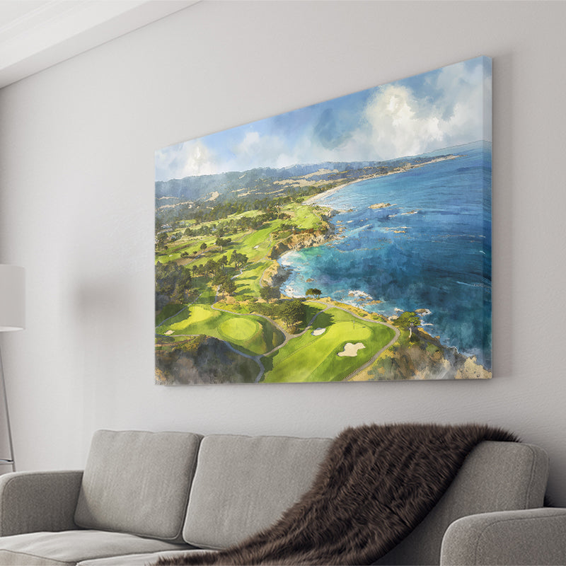 Painting Pebble Beach Golf Links Aerial Watercolor, Canvas Print Wall Art Home Decor, Painting Canvas Art Print