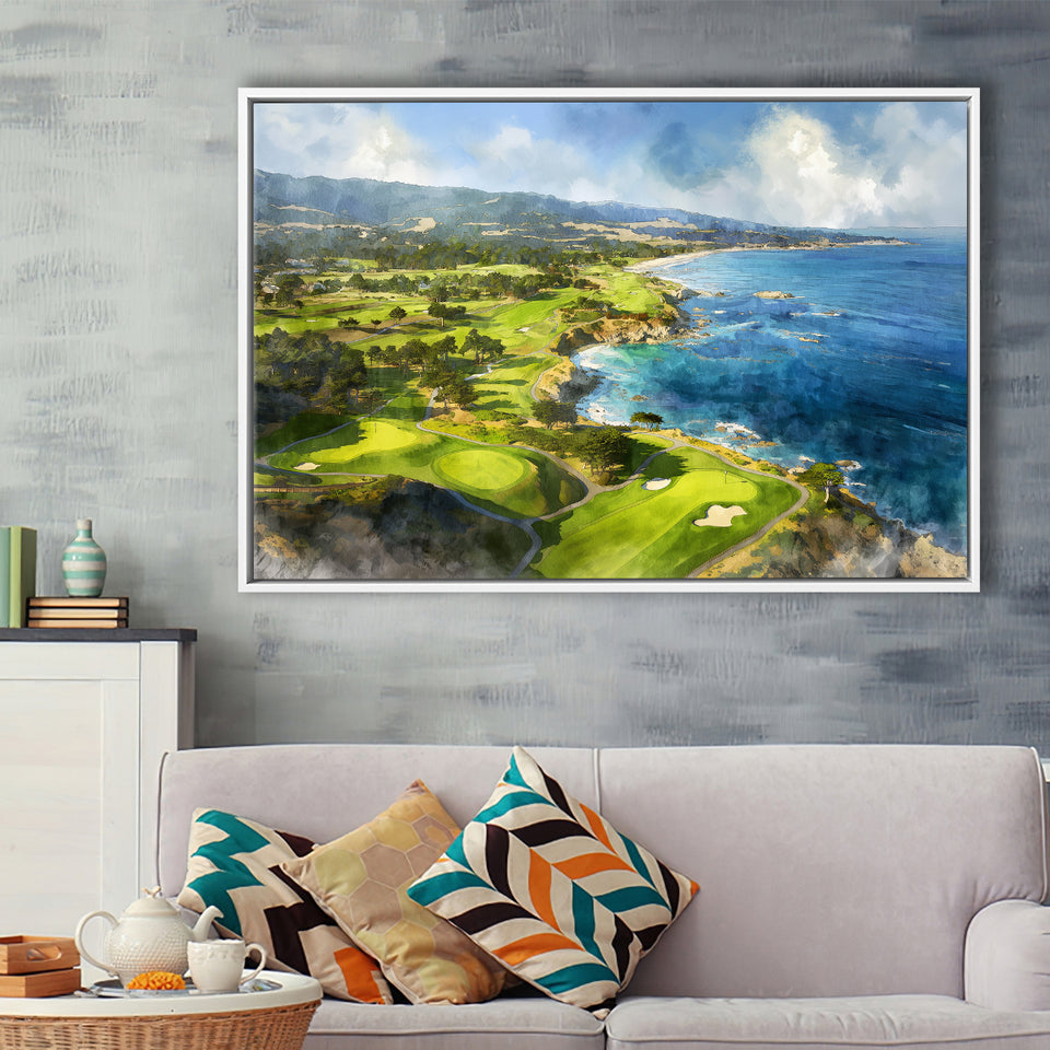 Painting Pebble Beach Golf Links Aerial Watercolor, Framed Canvas Print Wall Art Decor, Floating Frame Painting Canvas