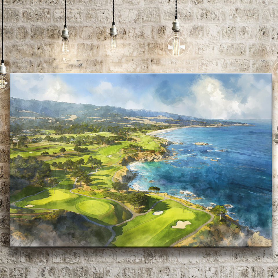 Painting Pebble Beach Golf Links Aerial Watercolor, Canvas Print Wall Art Home Decor, Painting Canvas Art Print