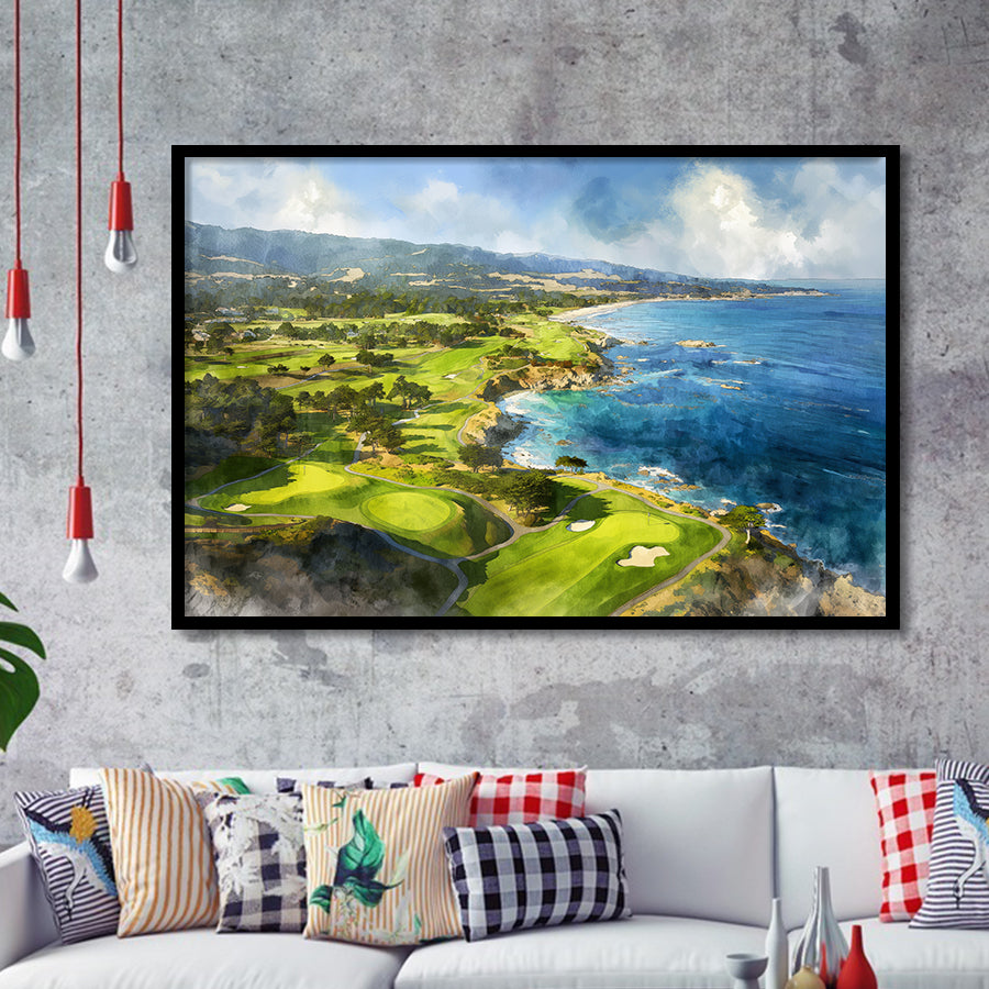 Painting Pebble Beach Golf Links Aerial Watercolor, Framed Art Print Wall Decor, Picture Framed Painting Art