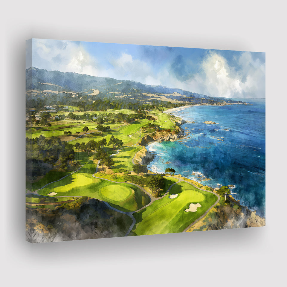 Painting Pebble Beach Golf Links Aerial Watercolor, Canvas Print Wall Art Home Decor, Painting Canvas Art Print