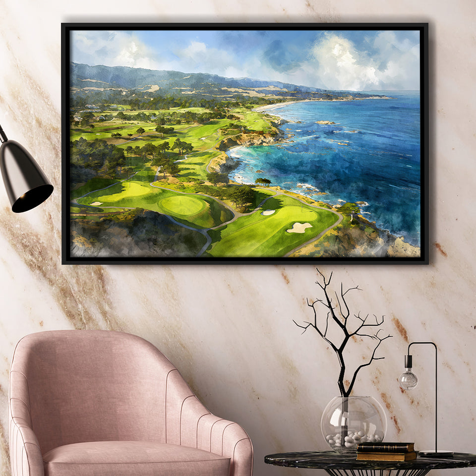 Painting Pebble Beach Golf Links Aerial Watercolor, Framed Canvas Print Wall Art Decor, Floating Frame Painting Canvas