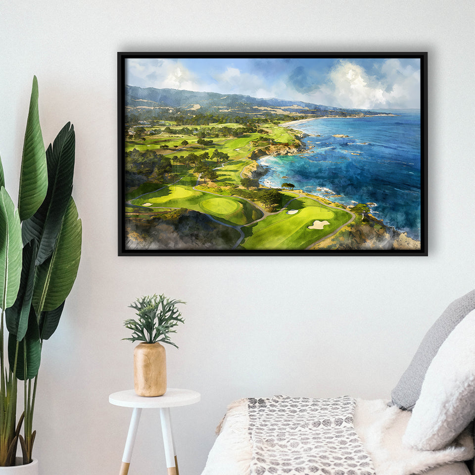 Painting Pebble Beach Golf Links Aerial Watercolor, Framed Canvas Print Wall Art Decor, Floating Frame Painting Canvas