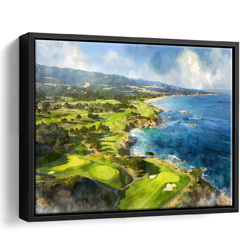 Painting Pebble Beach Golf Links Aerial Watercolor, Framed Canvas Print Wall Art Decor, Floating Frame Painting Canvas