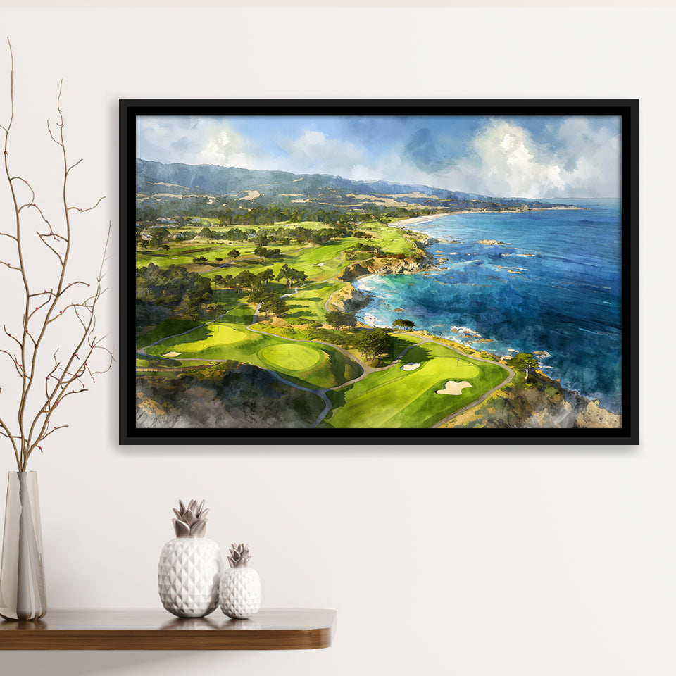 Painting Pebble Beach Golf Links Aerial Watercolor, Framed Canvas Print Wall Art Decor, Floating Frame Painting Canvas