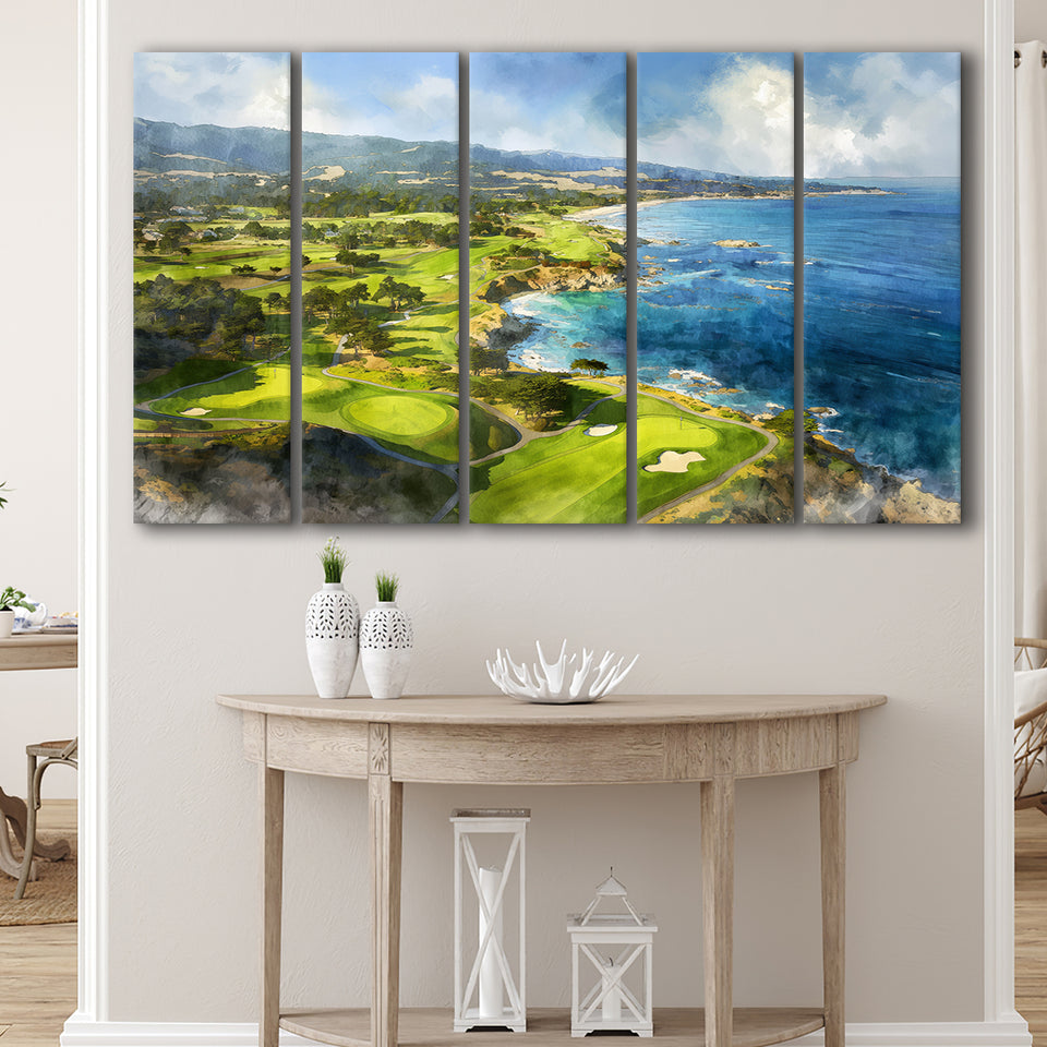 Painting Pebble Beach Golf Links Aerial Watercolor, Mixed 5 Panel B Canvas Print Wall Art Decor, Extra Large Painting Canvas