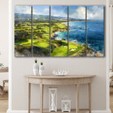 Painting Pebble Beach Golf Links Aerial Watercolor, Mixed 5 Panel B Canvas Print Wall Art Decor, Extra Large Painting Canvas