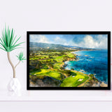Painting Pebble Beach Golf Links Aerial Watercolor, Framed Art Print Wall Decor, Picture Framed Painting Art