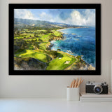 Painting Pebble Beach Golf Links Aerial Watercolor, Framed Art Print Wall Decor, Picture Framed Painting Art