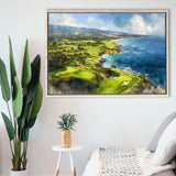Painting Pebble Beach Golf Links Aerial Watercolor, Framed Canvas Print Wall Art Decor, Floating Frame Painting Canvas