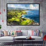 Painting Pebble Beach Golf Links Aerial Watercolor, Framed Canvas Print Wall Art Decor, Floating Frame Painting Canvas