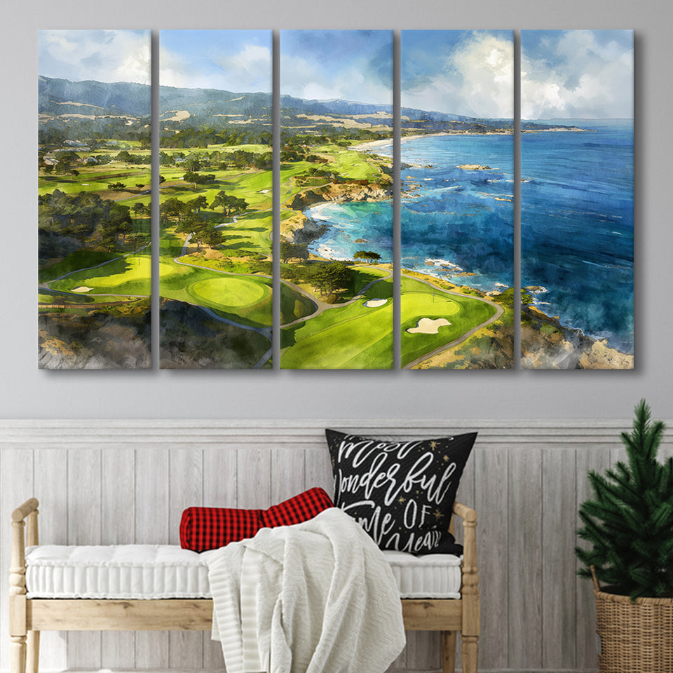 Painting Pebble Beach Golf Links Aerial Watercolor, Mixed 5 Panel B Canvas Print Wall Art Decor, Extra Large Painting Canvas