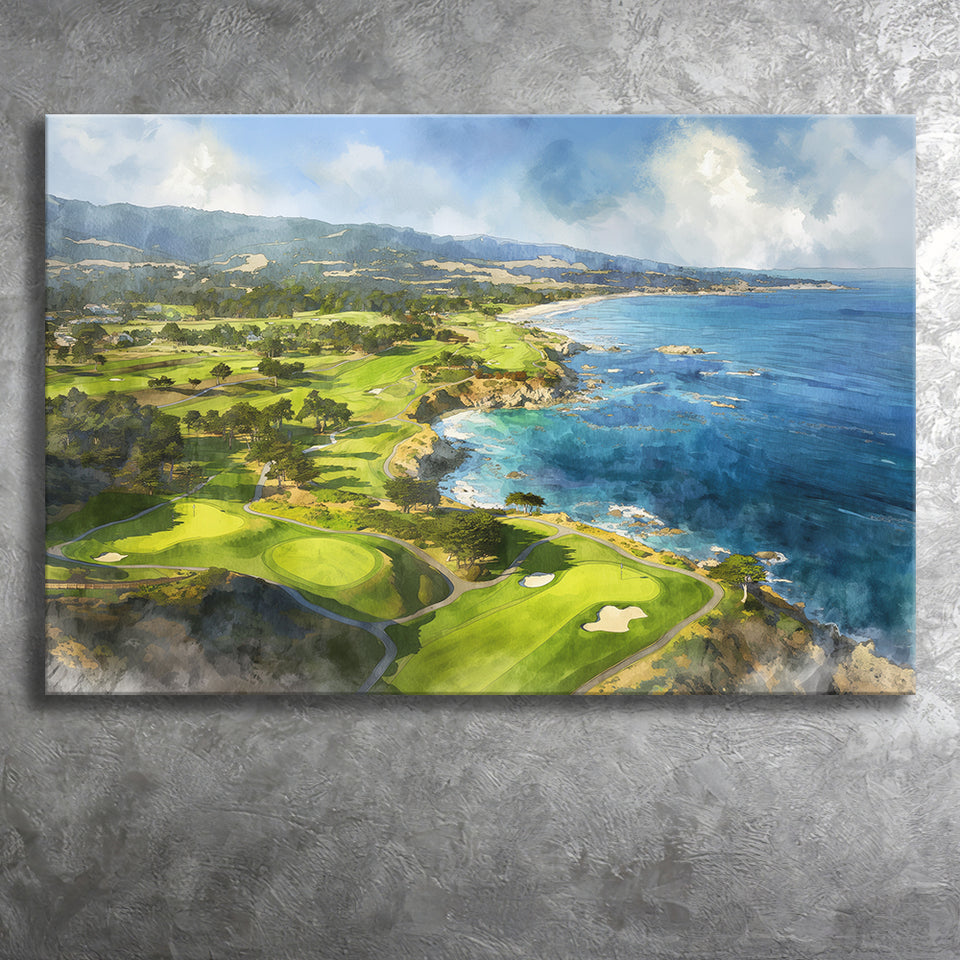 Painting Pebble Beach Golf Links Aerial Watercolor, Canvas Print Wall Art Home Decor, Painting Canvas Art Print