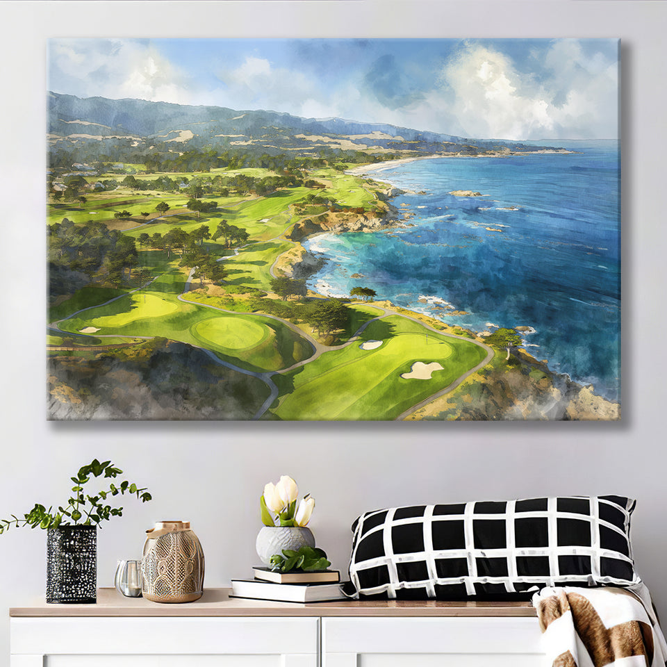 Painting Pebble Beach Golf Links Aerial Watercolor, Canvas Print Wall Art Home Decor, Painting Canvas Art Print