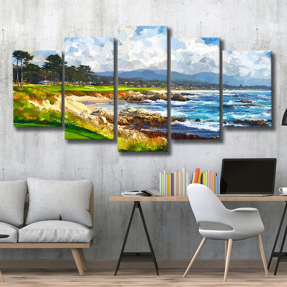 Painting Pebble Beach Golf Links Arrowhead Point, Golf Art Print, Mixed 5 Panel, Canvas Prints Wall Art