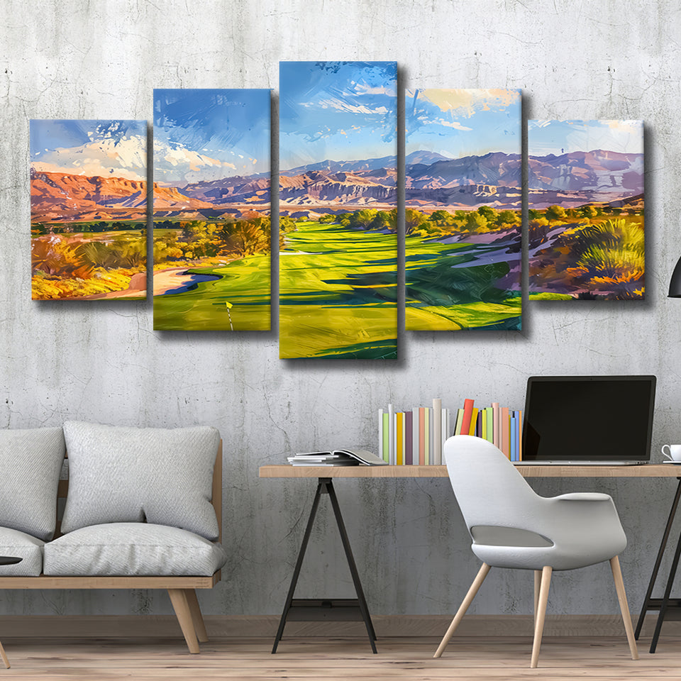 Painting Shadow Creek Golf Club Hole 18, Golf Art Print, Mixed 5 Panel, Canvas Prints Wall Art
