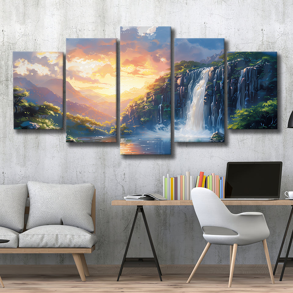 Painting Sunrise Waterfall In The Forest, Multi Panel,Mixed Canvas Print Wall Art Decor