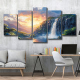 Painting Sunrise Waterfall In The Forest, Multi Panel,Mixed Canvas Print Wall Art Decor