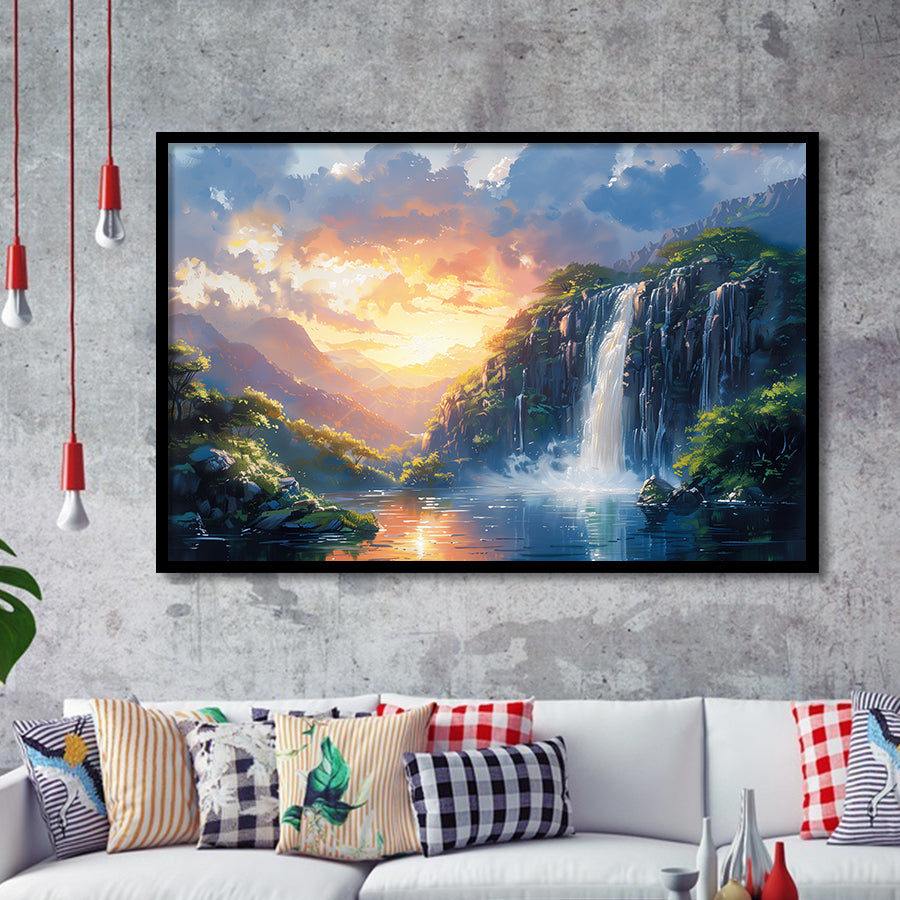 Painting Sunrise Waterfall In The Forest, Painting Art, Framed Art Print Wall Art Home Decor