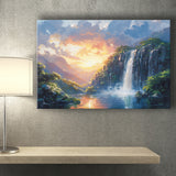 Painting Sunrise Waterfall In The Forest, Art Print, Canvas Print Wall Art Home Decor